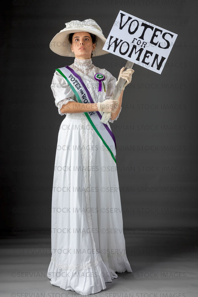 United Kingdom Suffragette from late 19th / early 20th century wearing a white lace blouse and skirt (SARAH 422UK)