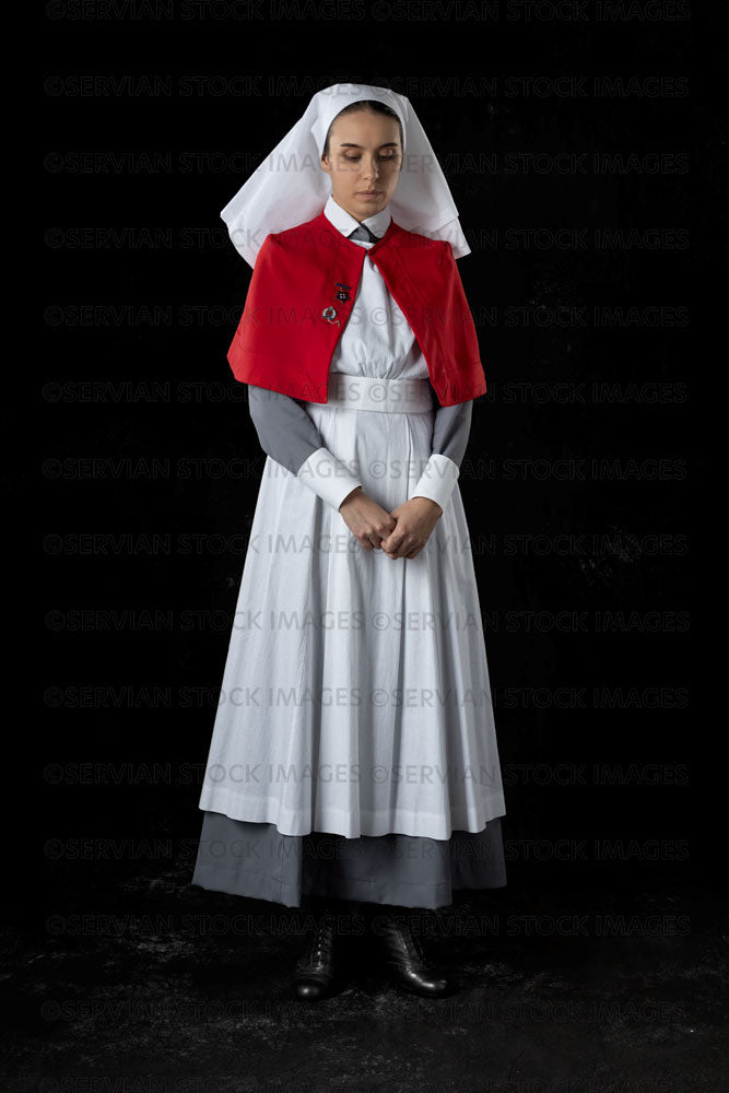 World War 1 nurse in grey uniform dress with a white apron and red cape (Sarah627)