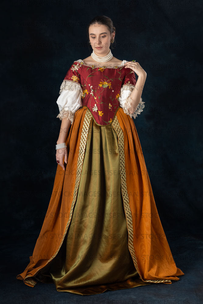 Renaissance or high fantasy woman wearing a red embroidered bodice  (Sarah 662)
