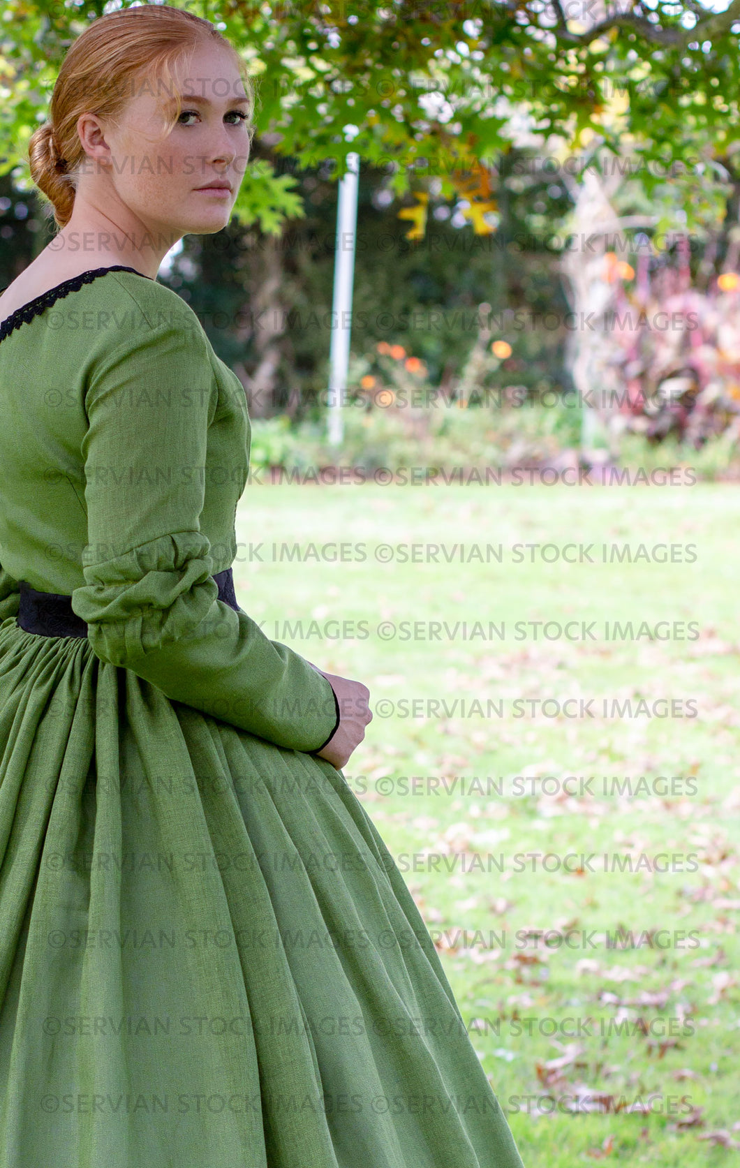 Victorian woman in a green gather front bodice and skirt  (Lauren 0019)