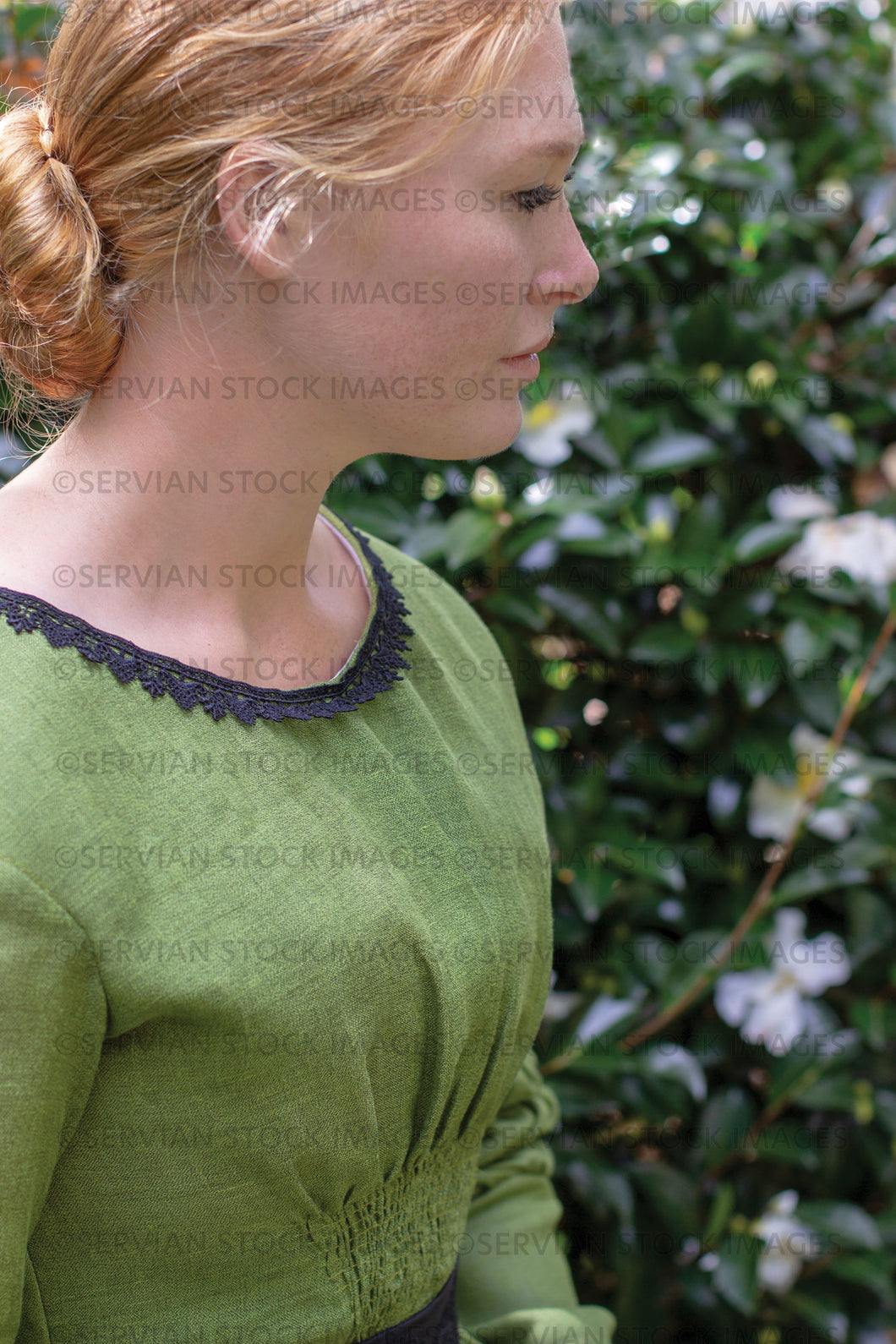 Victorian woman in a green gather front bodice and skirt  (Lauren 0035)