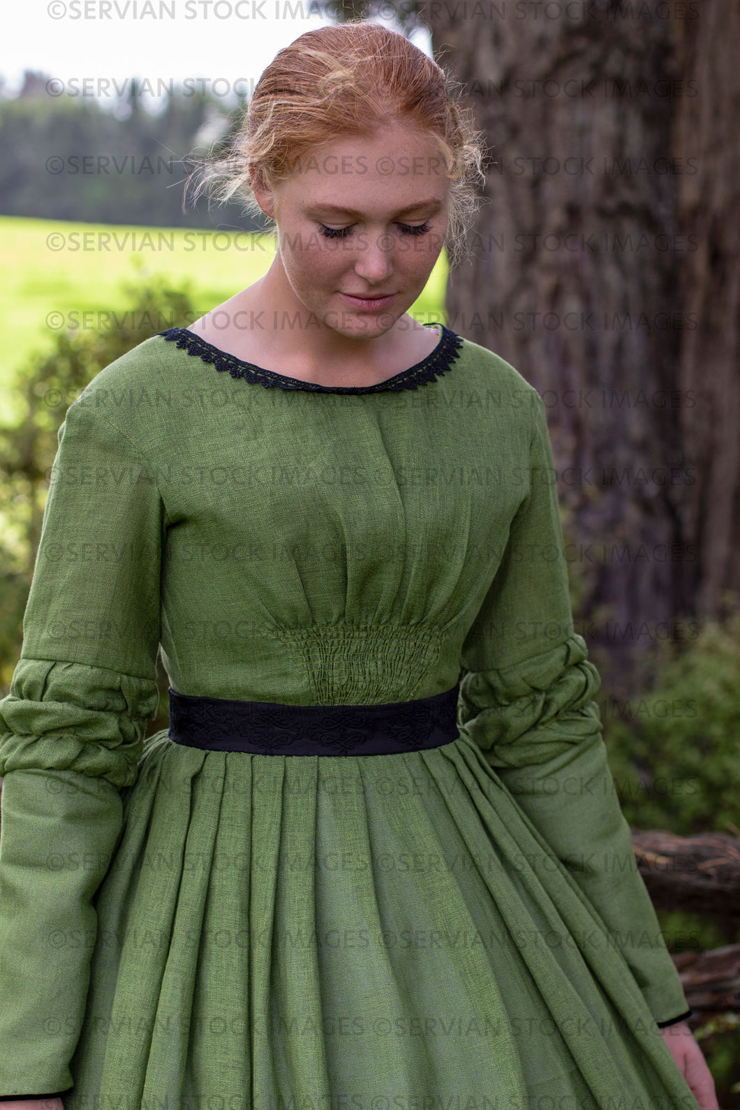 Victorian woman in a green gather front bodice and skirt  (Lauren 0045)