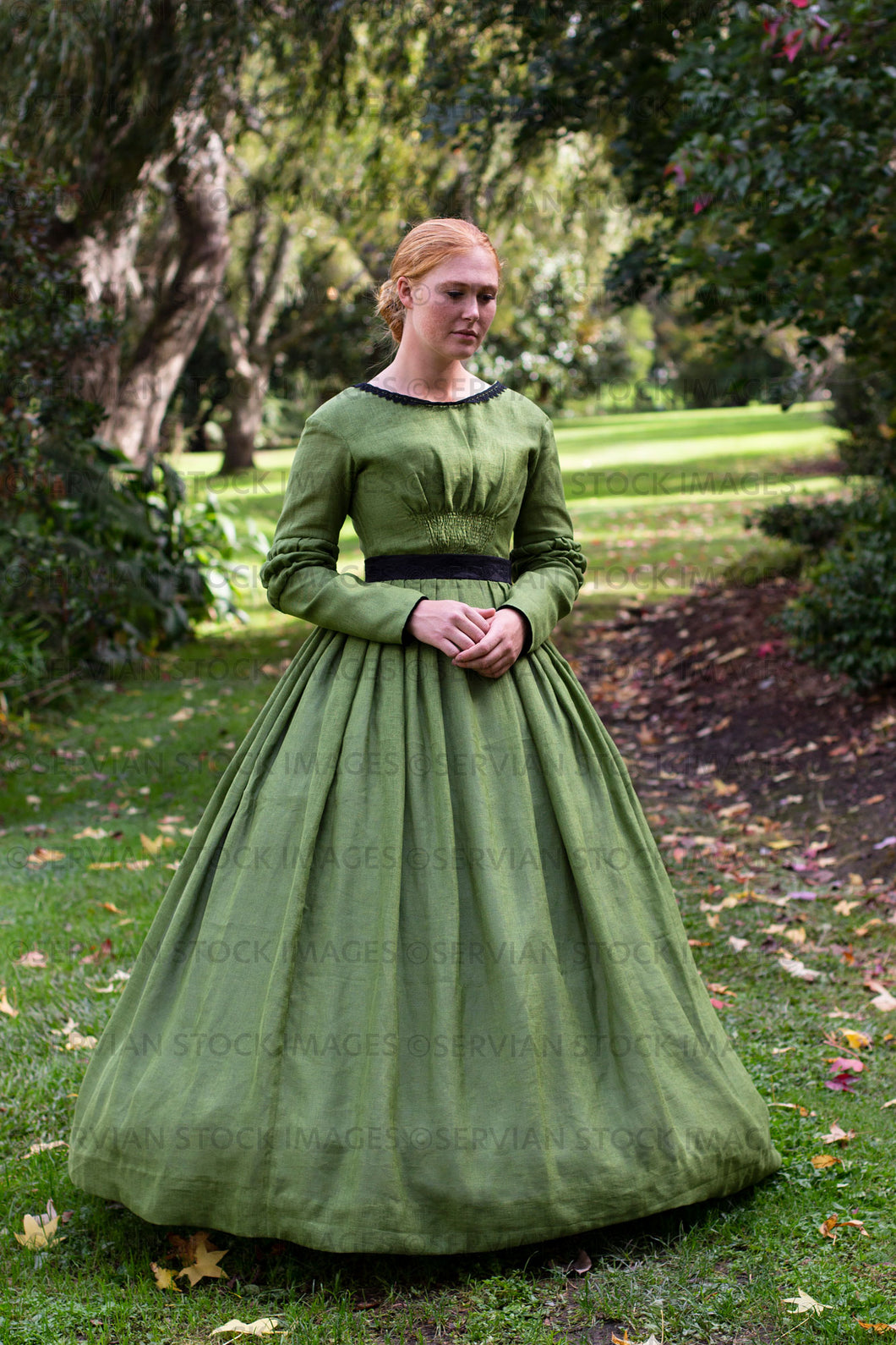 Victorian woman in a green gather front bodice and skirt  (Lauren 0059)