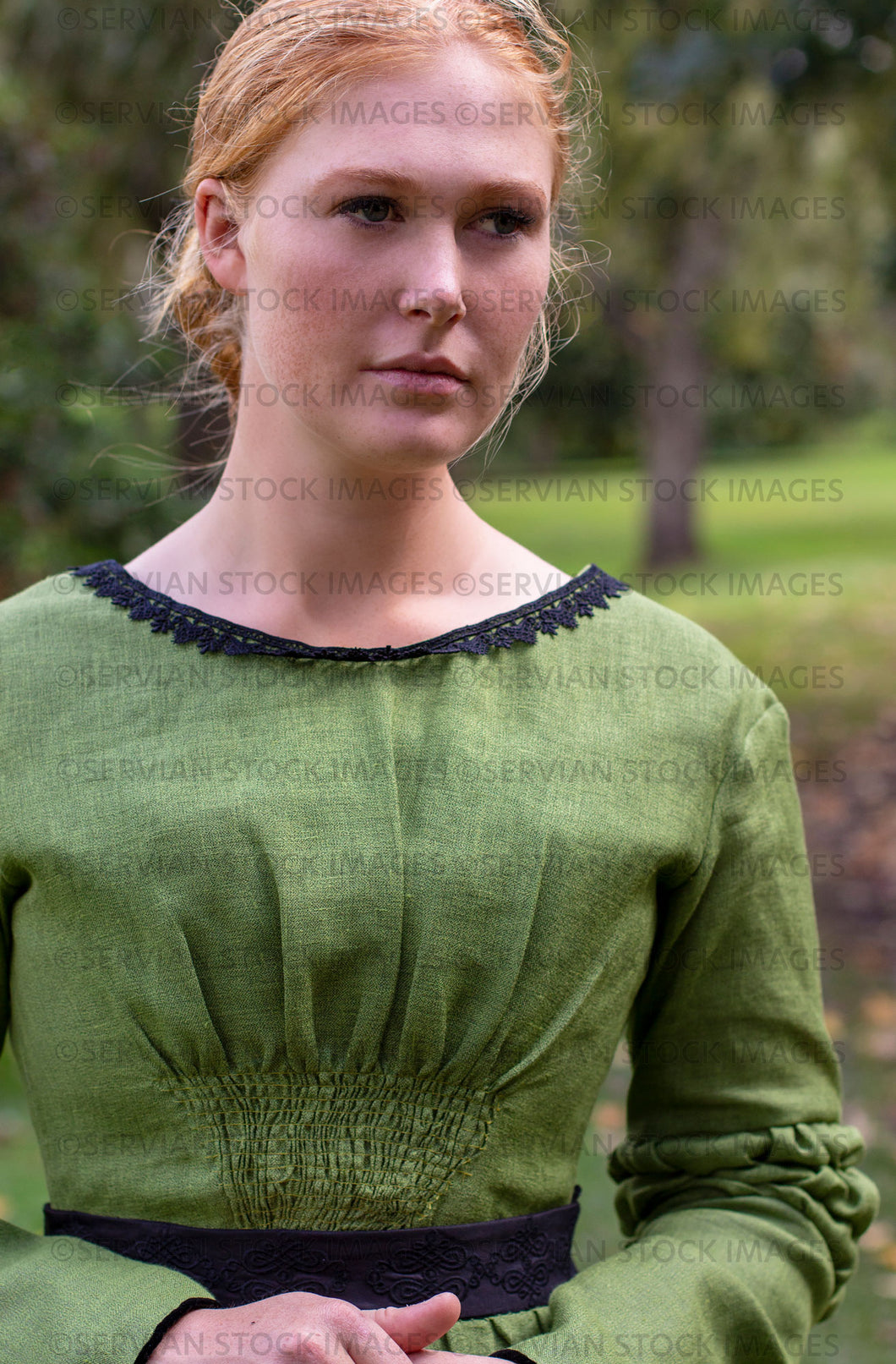 Victorian woman in a green gather front bodice and skirt  (Lauren 0063)