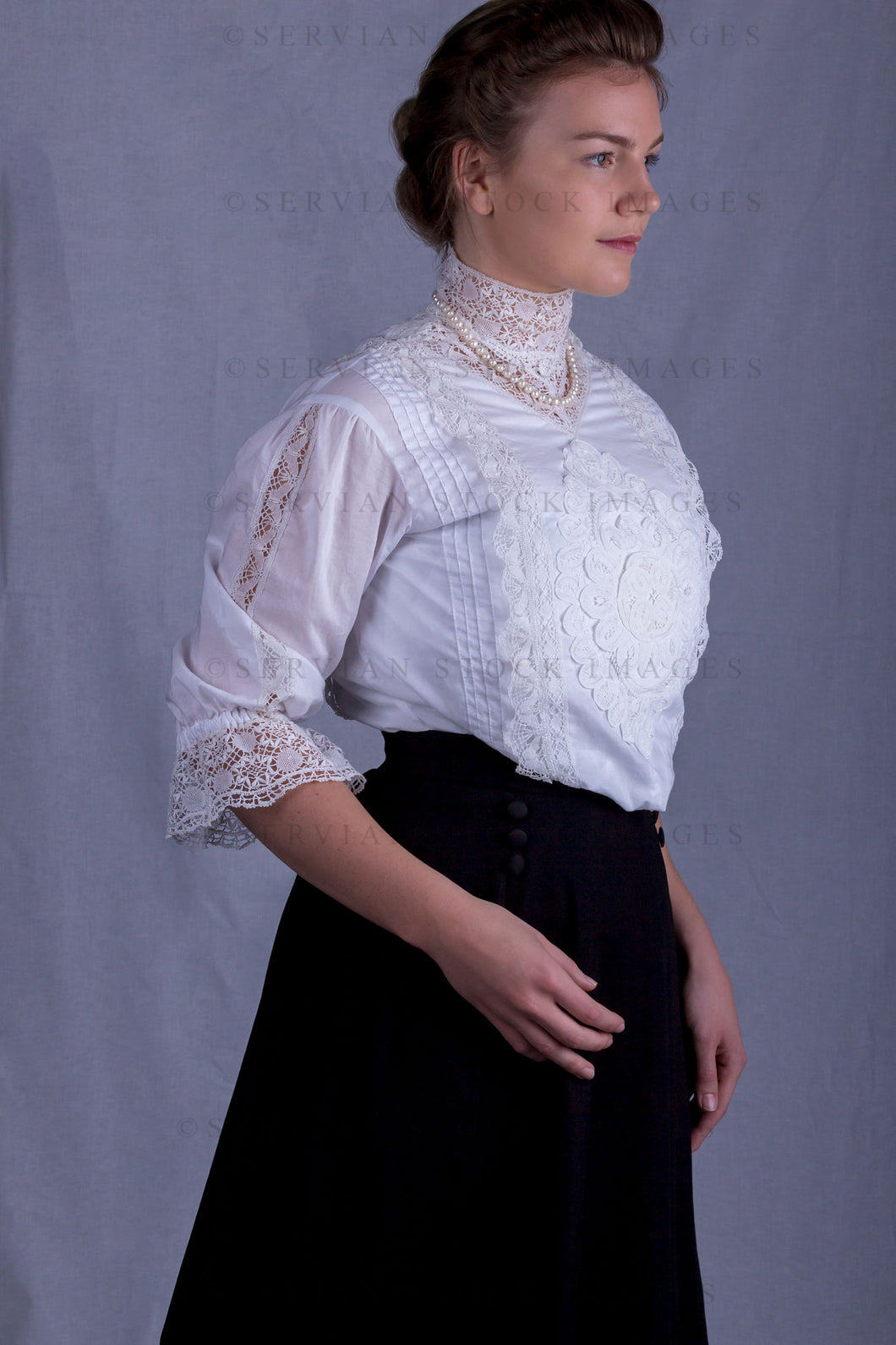 Edwardian woman in a white lace blouse and black skirt (Tayla 0139)