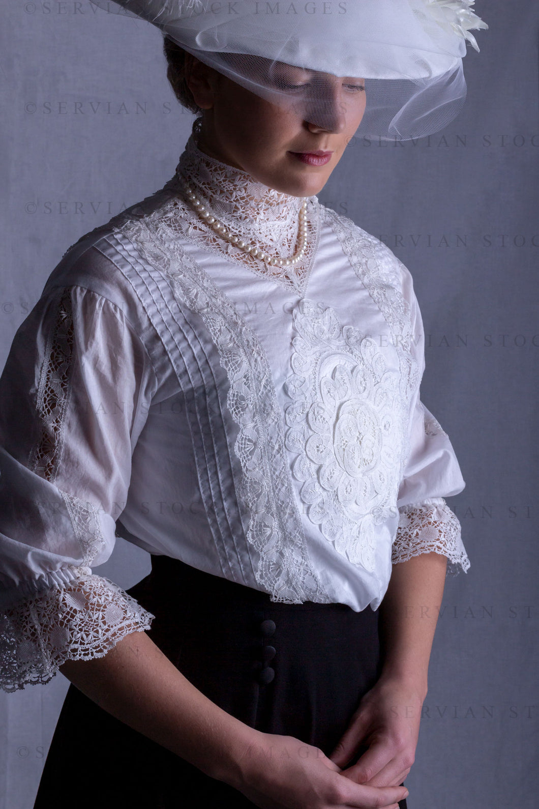 Edwardian woman in a white lace blouse and black skirt (Tayla 0153)