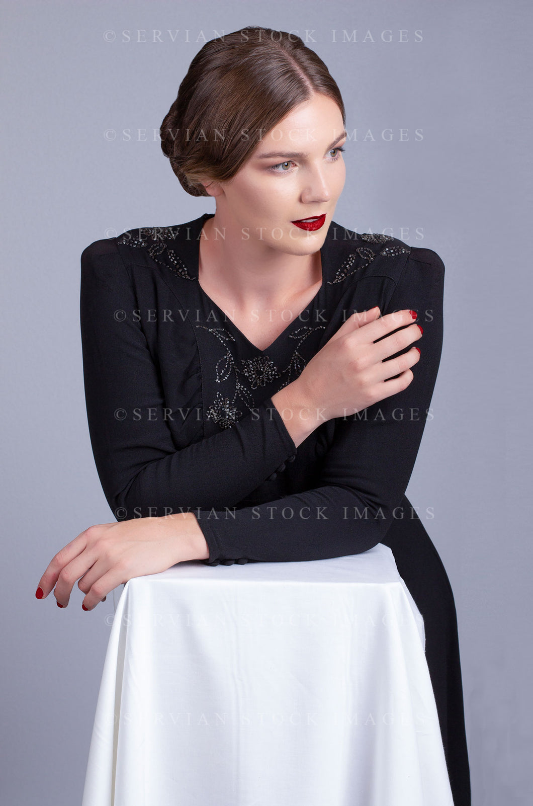 1930s woman in a vintage black, beaded dress (Tayla 0114)