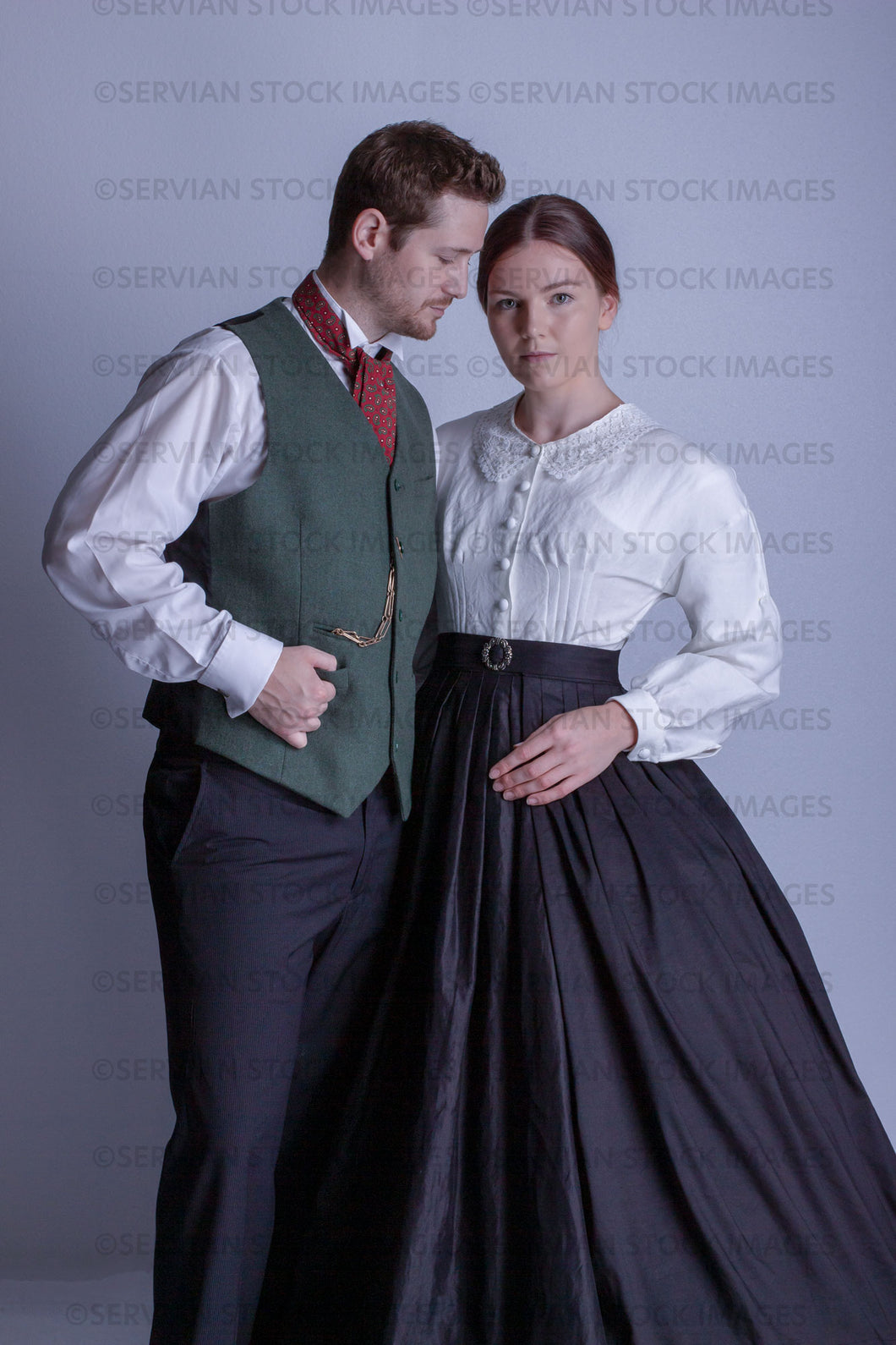 Victorian couple against a light grey backdrop (Tayla and Aaron 0210)