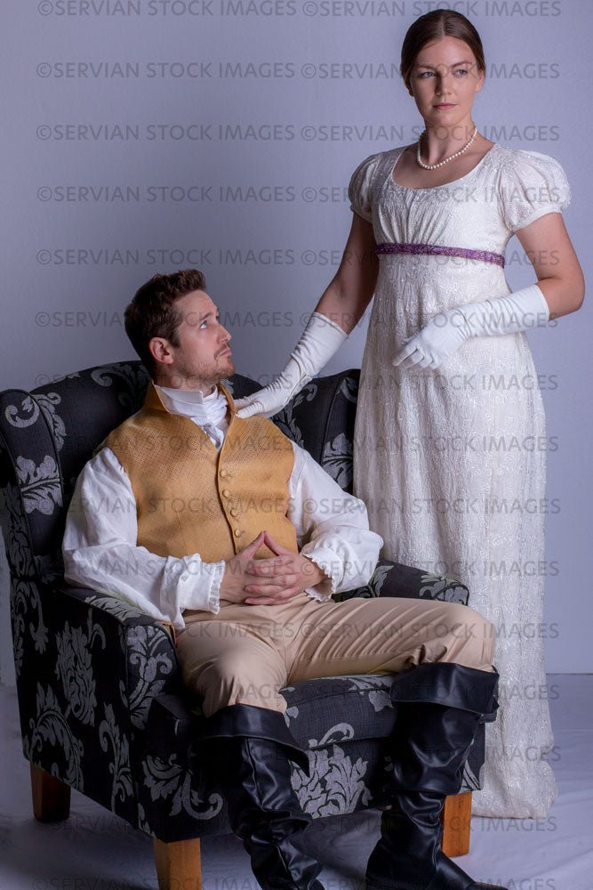 Regency couple against a light grey backdrop (Tayla and Aaron 0326)