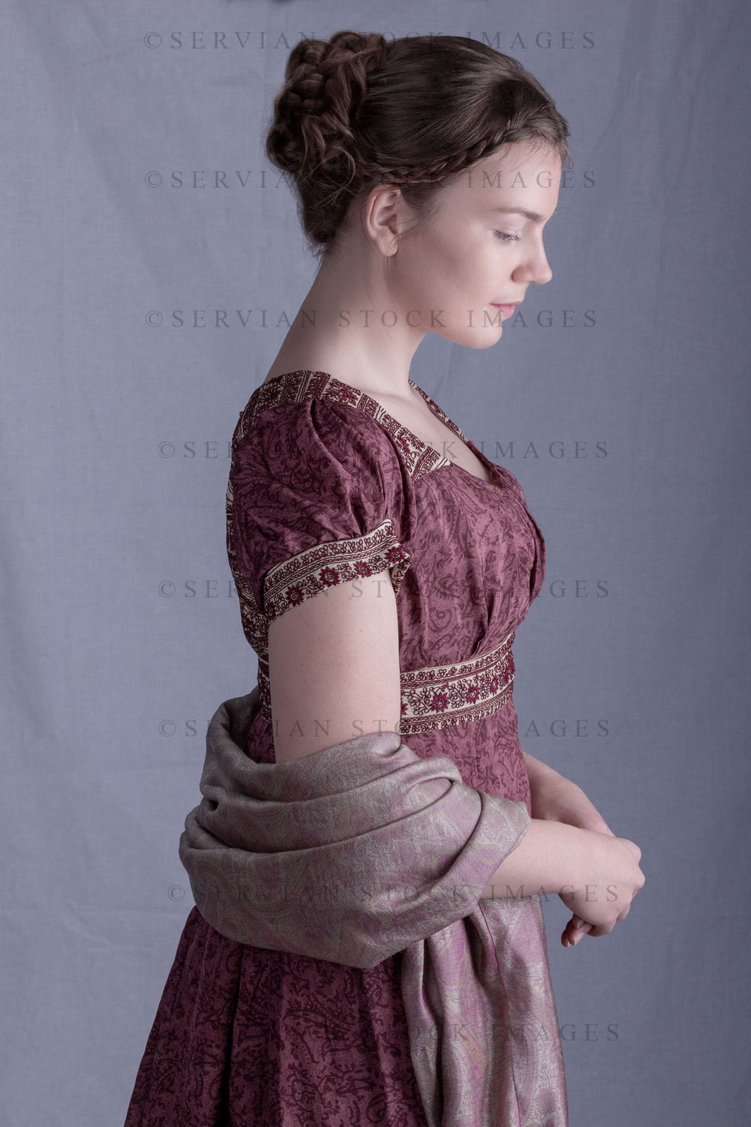 Regency woman in a red silk embroidered dress and paisley shawl (Tayla 0349)