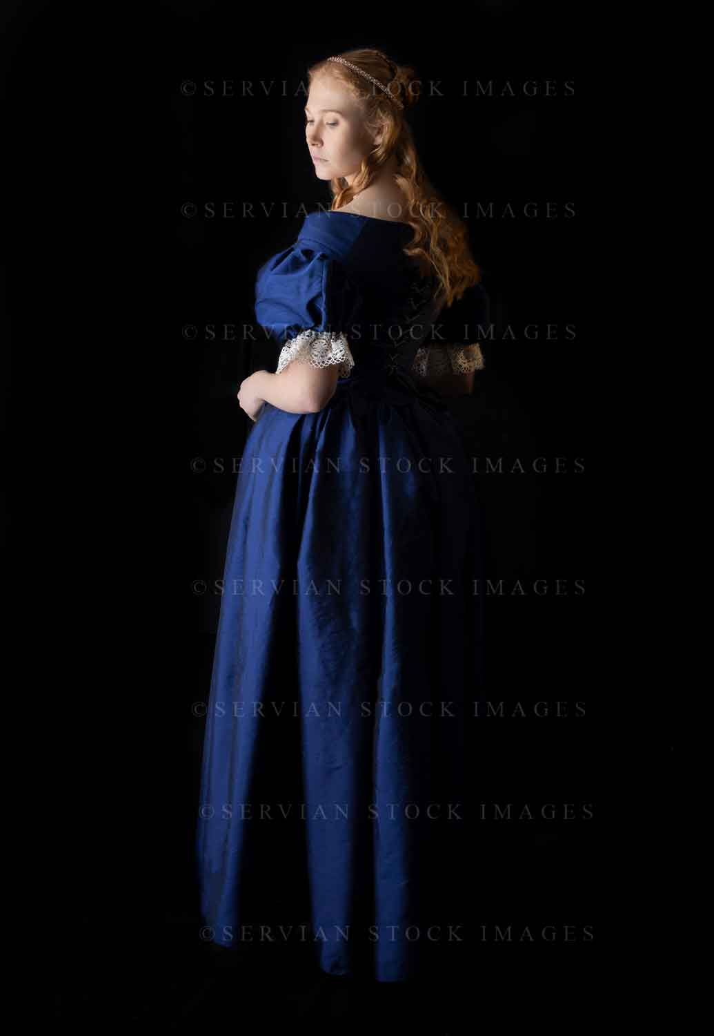 Renaissance woman in a blue silk dress against a black backdrop (Lauren 0631)