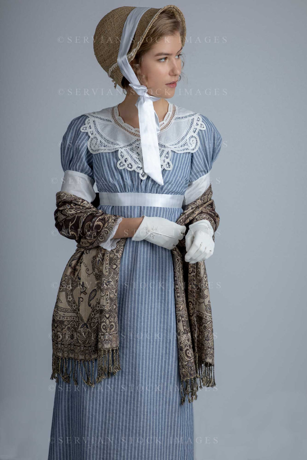 Regency woman in a striped cotton dress with a lace collar (Amalia 0639)