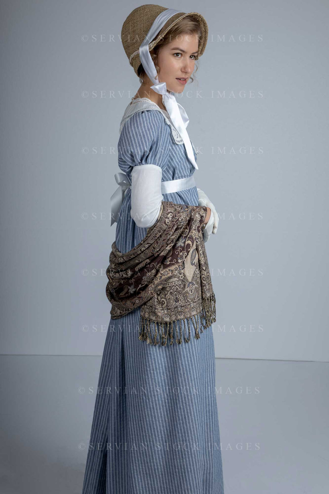 Regency woman in a striped cotton dress with a lace collar (Amalia 067 – Servian Stock Images