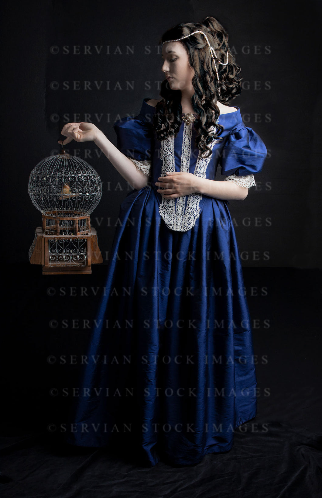 Renaissance woman wearing a blue silk dress and holding a birdcage (Olivia 0912)