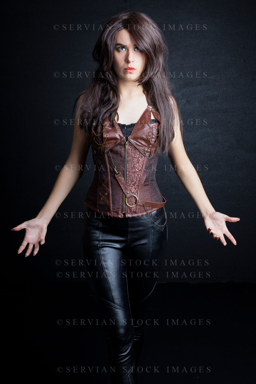 Urban fantasy woman with long brown hair and a brown corset (Sarah 9781)
