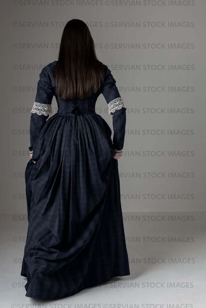 Young Victorian woman wearing a grey/blue cotton dress with antique lace trim (Kate 496)