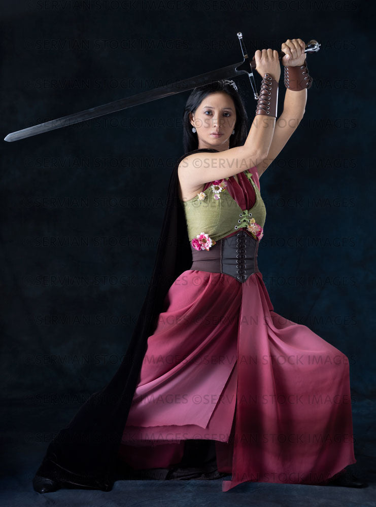 Elven warrior woman wearing laced bodice and draped skirt  (Koreen 0240)