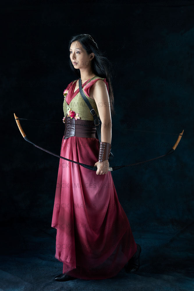 Elven warrior woman wearing laced bodice and draped skirt  (Koreen 0283)
