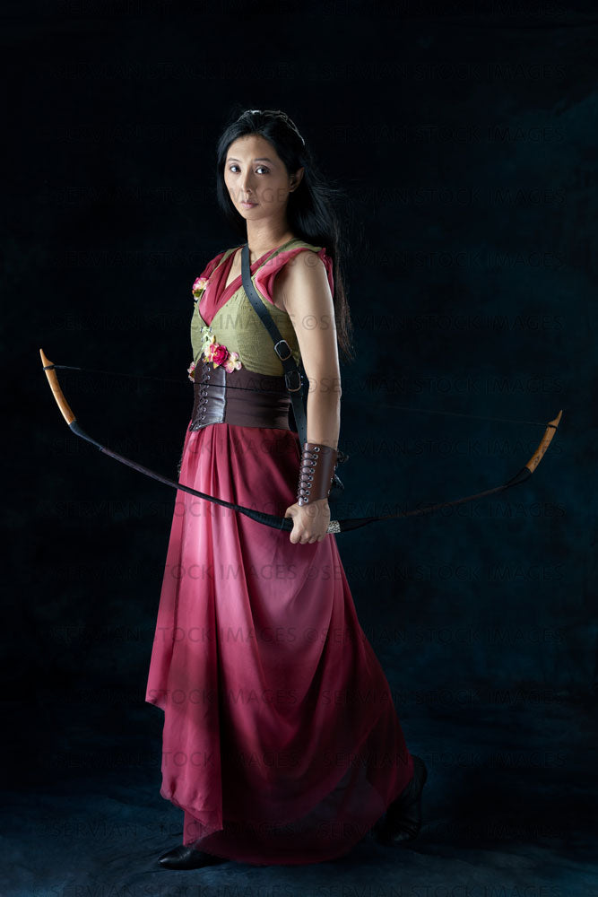 Elven warrior woman wearing laced bodice and draped skirt  (Koreen 0284)