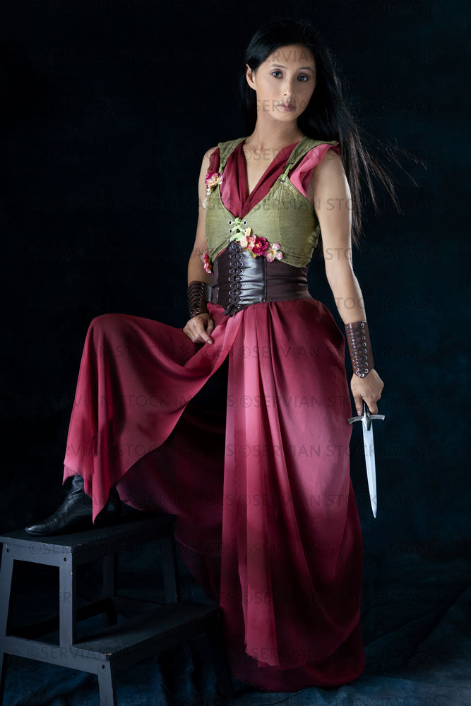 Elven warrior woman wearing laced bodice and draped skirt  (Koreen 0422)
