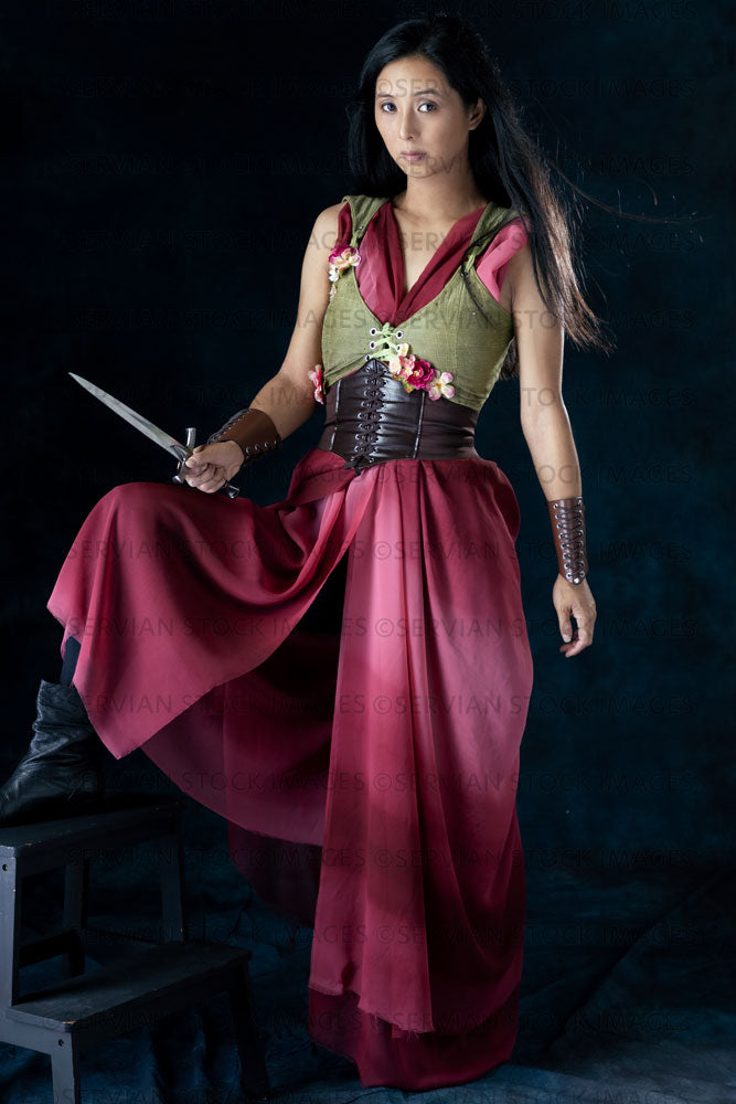 Elven warrior woman wearing laced bodice and draped skirt  (Koreen 0425)