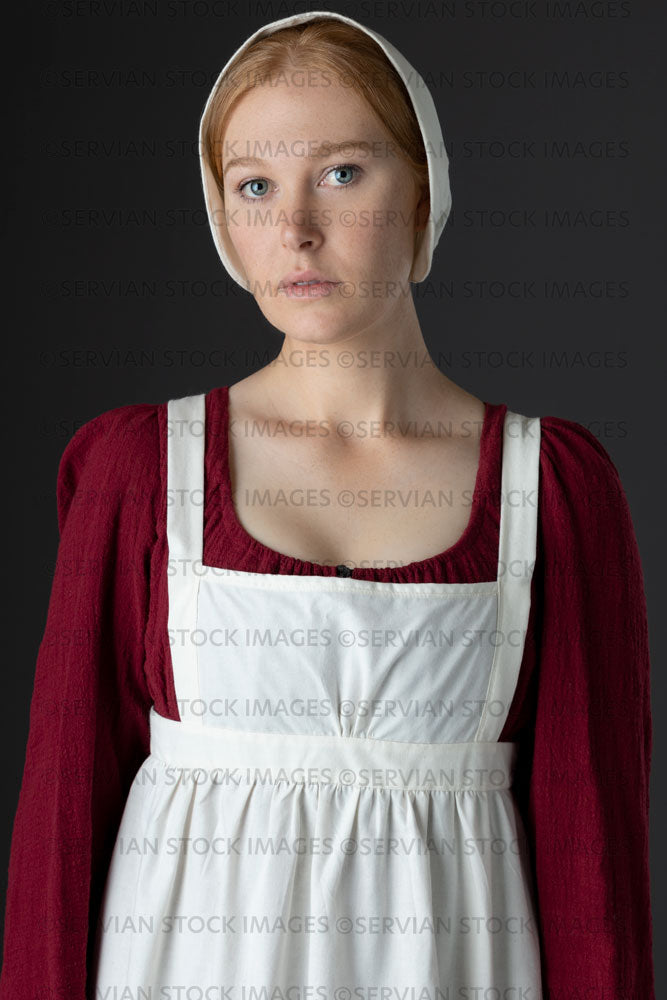 Regency maid or working class woman wearing a red dress, apron, and cap (Lauren 0628)