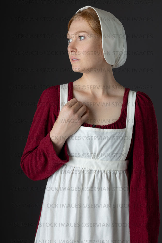 Regency maid or working class woman wearing a red dress, apron, and cap (Lauren 0629)