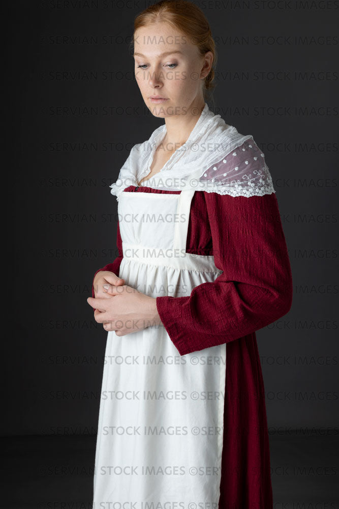 Regency maid or working class woman wearing a red dress, apron, and lace shawl (Lauren 06731)