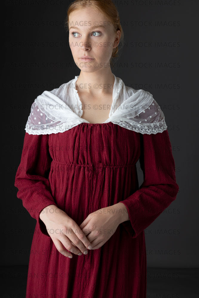 Regency woman wearing a red dress and lace shawl (Lauren 06791)