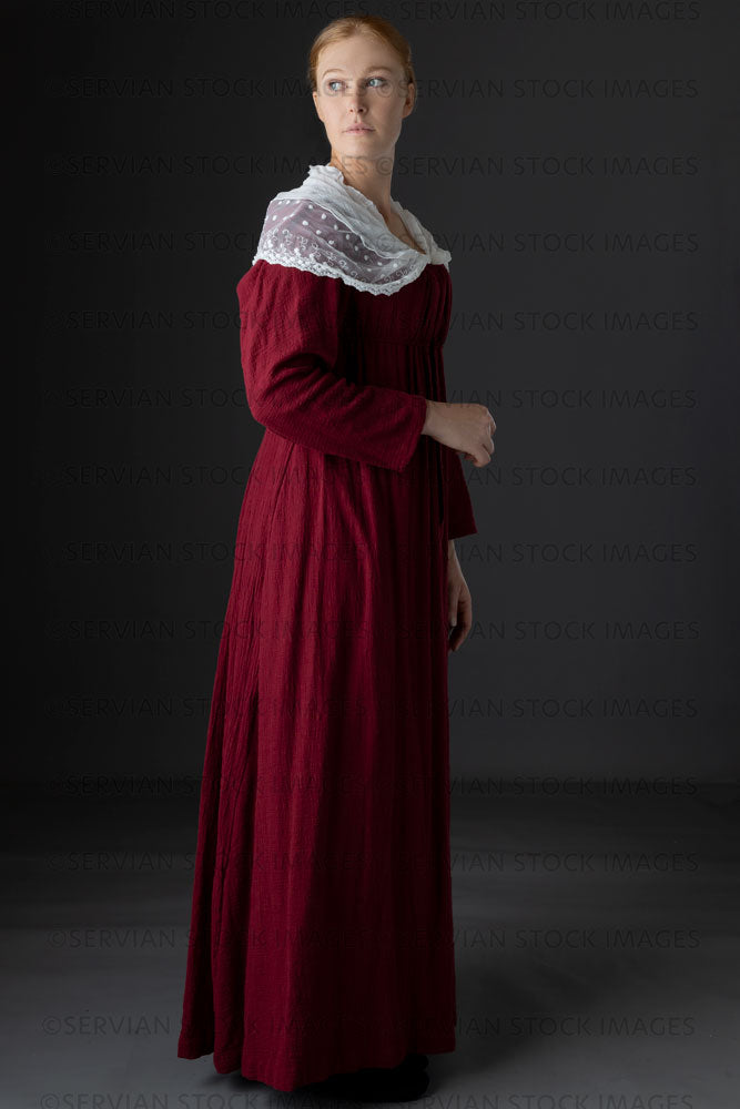 Regency woman wearing a red dress and lace shawl (Lauren 06811)