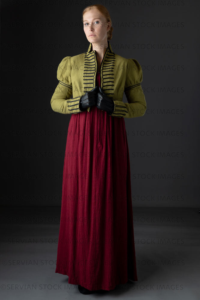 Regency woman wearing a red dress with a green linen spencer  (Lauren 0712)