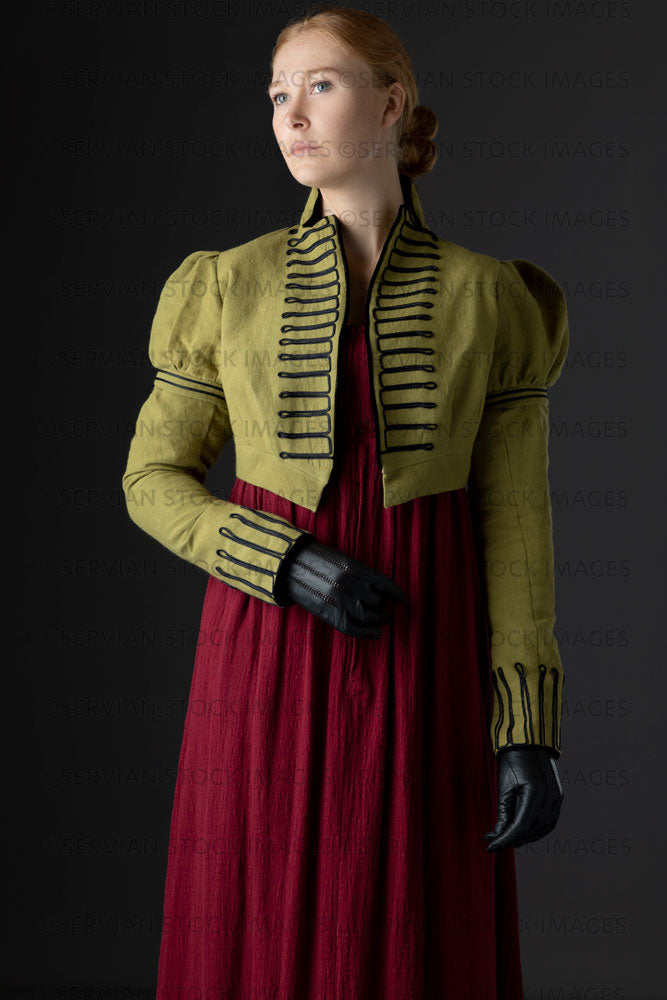 Regency woman wearing a red dress with a green linen spencer  (Lauren 0716)