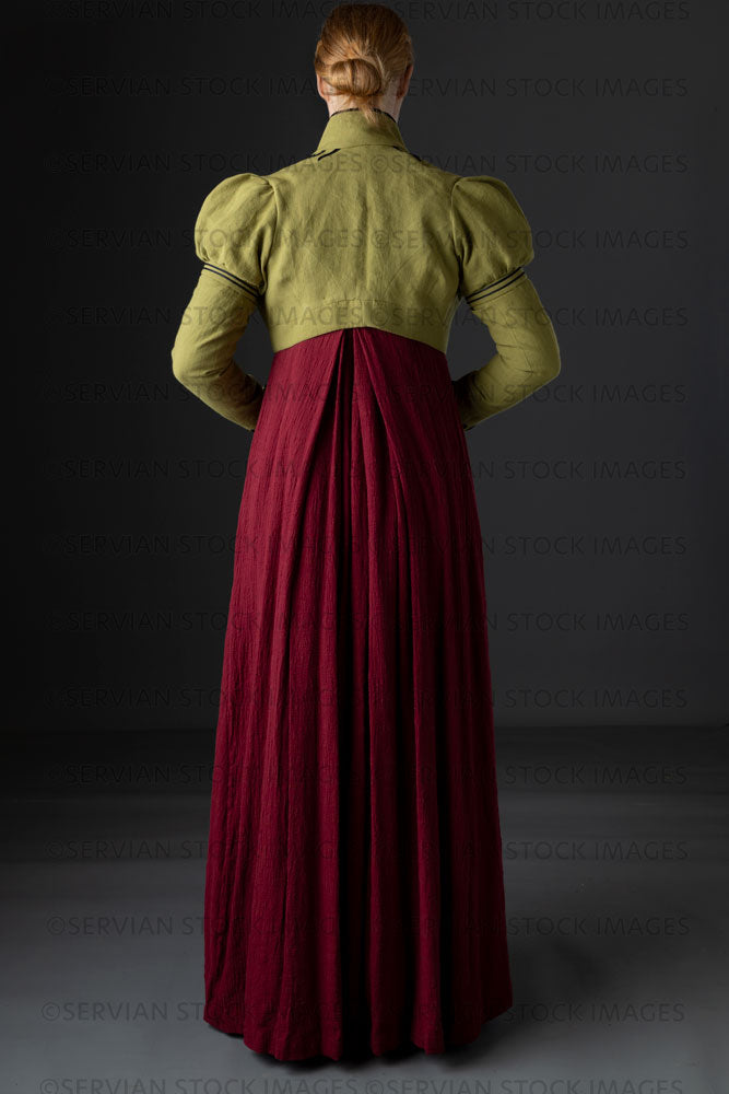 Regency woman wearing a red dress with a green linen spencer  (Lauren 0723)