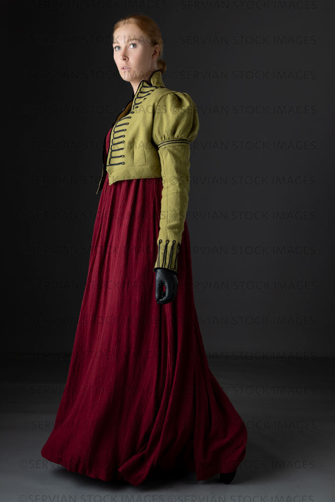 Regency woman wearing a red dress with a green linen spencer  (Lauren 0734)