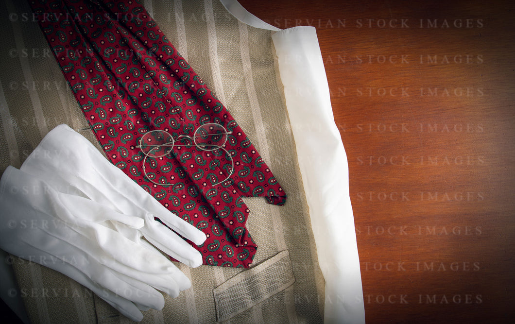 Still life -  Vintage waistcoat, spectacles, cravat, and white gloves (KS0773)