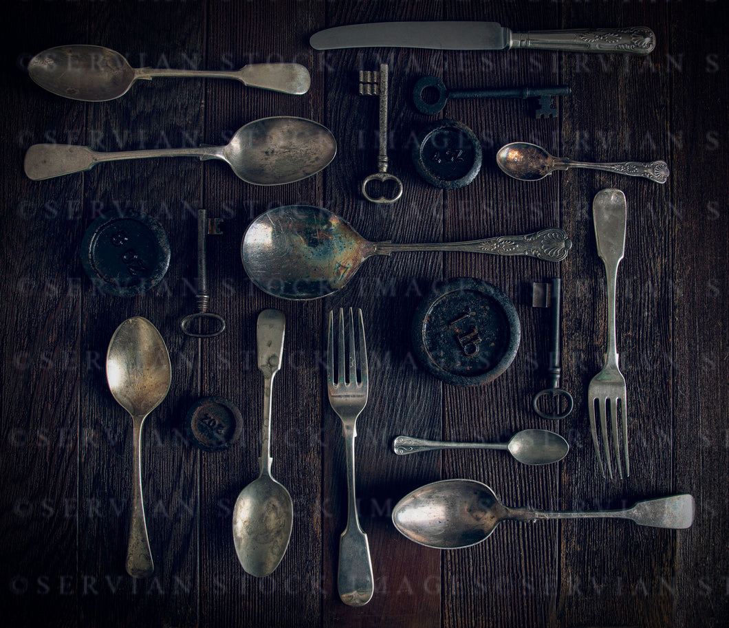 Still life -  Vintage cutlery, keys, and weights (KS0834)