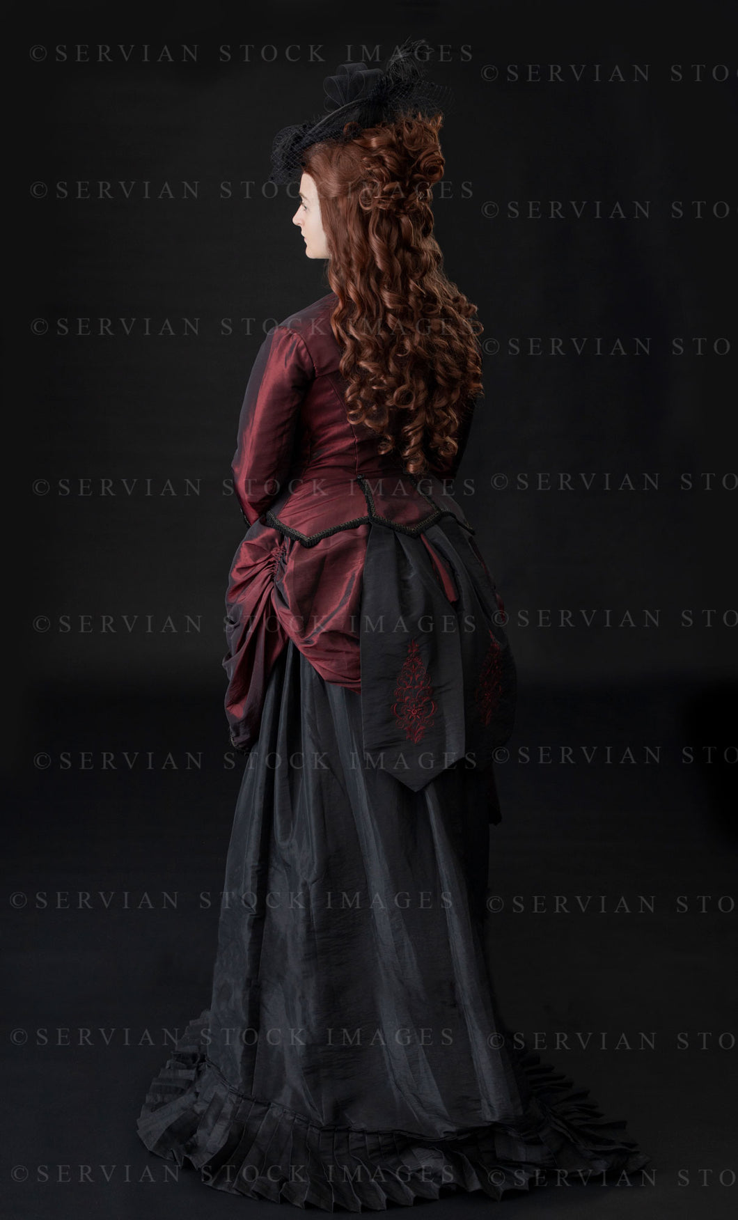 Victorian woman in a bustle ensemble against a black backdrop (Bianca 1044)