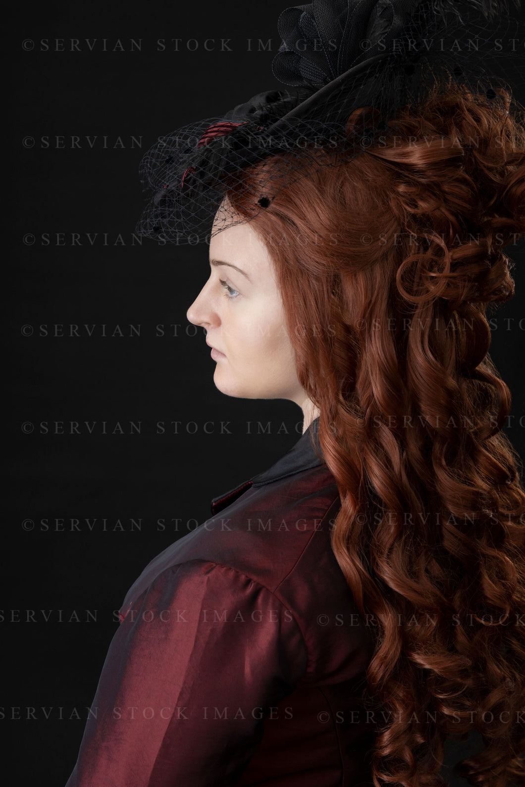 Victorian woman in a bustle ensemble against a black backdrop (Bianca 1053)