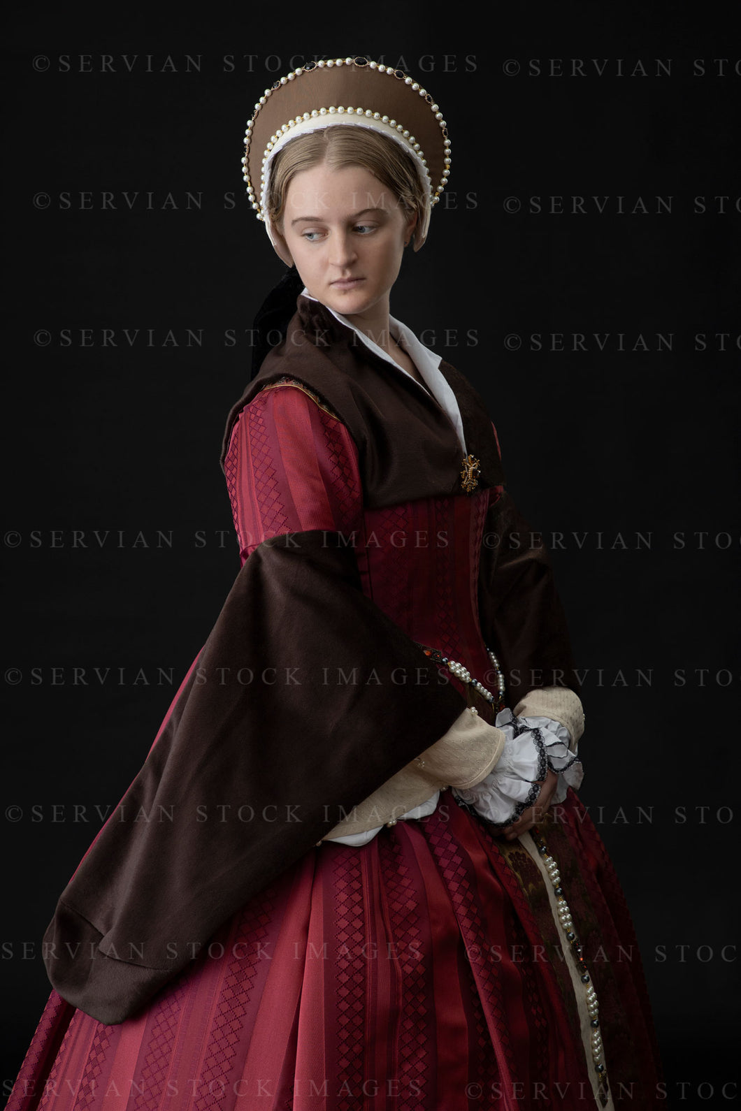 victorian style red dress Tudor woman dark red dress with fur sleeves (Bianca 1152) – Servian Stock Images