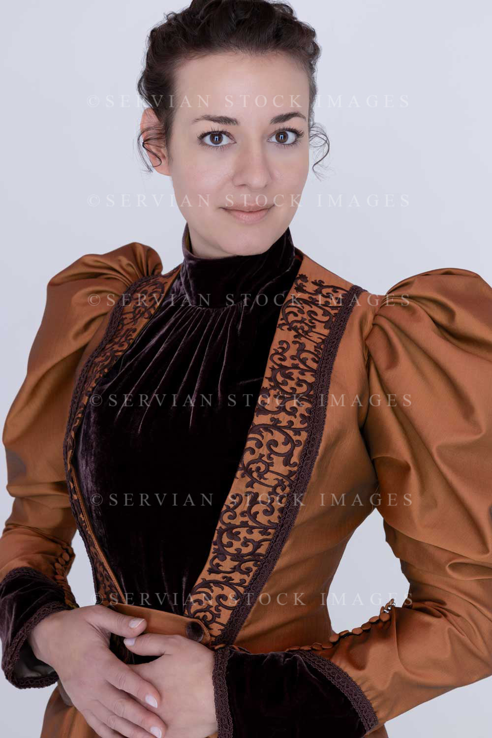 Victorian woman in bronze silk ensemble (Emma 2024 )