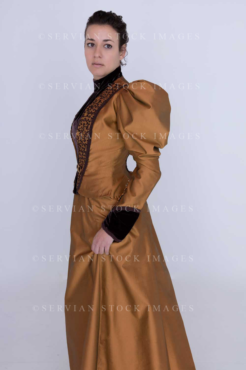 Victorian woman in bronze silk ensemble (Emma 2047)