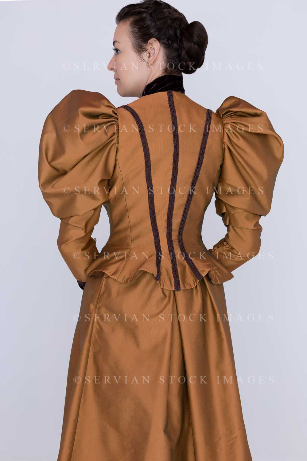 Victorian woman in bronze silk ensemble (Emma 2055)