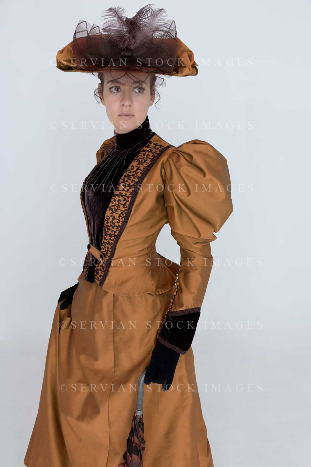 Victorian woman in bronze silk ensemble (Emma 2086)