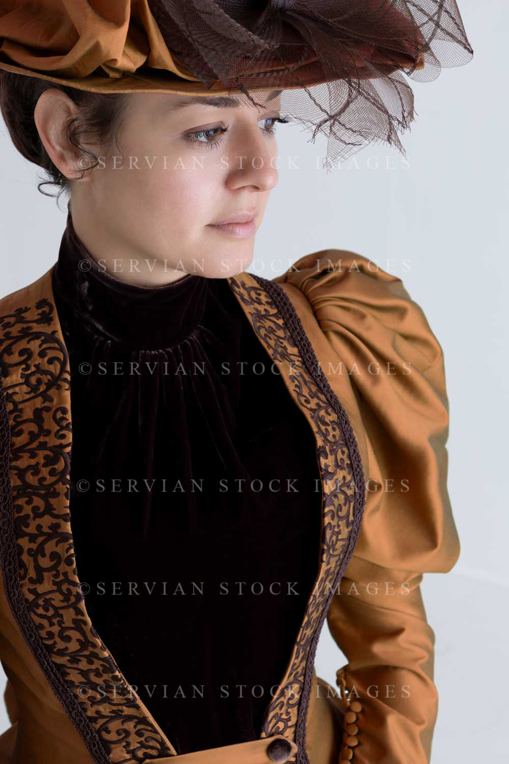 Victorian woman in bronze silk ensemble (Emma 2115)