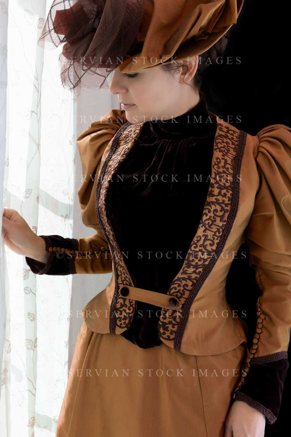 Victorian woman in bronze silk ensemble (Emma 2122)