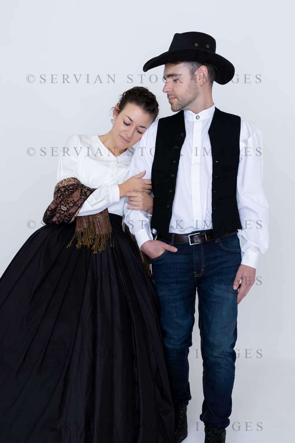 Victorian western settler pioneer couple against a white backdrop (Emma and Andrew 2389)