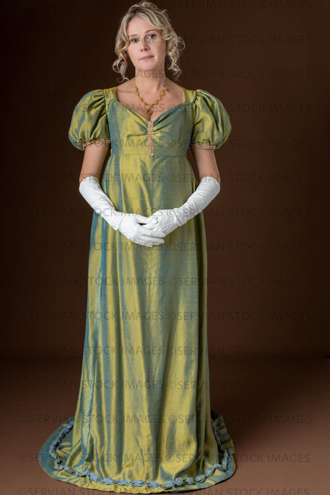 Regency woman wearing a green shot silk evening dress (Sherilyn 2601)