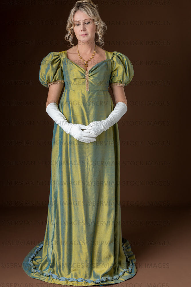 Regency woman wearing a green shot silk evening dress (Sherilyn 2603)