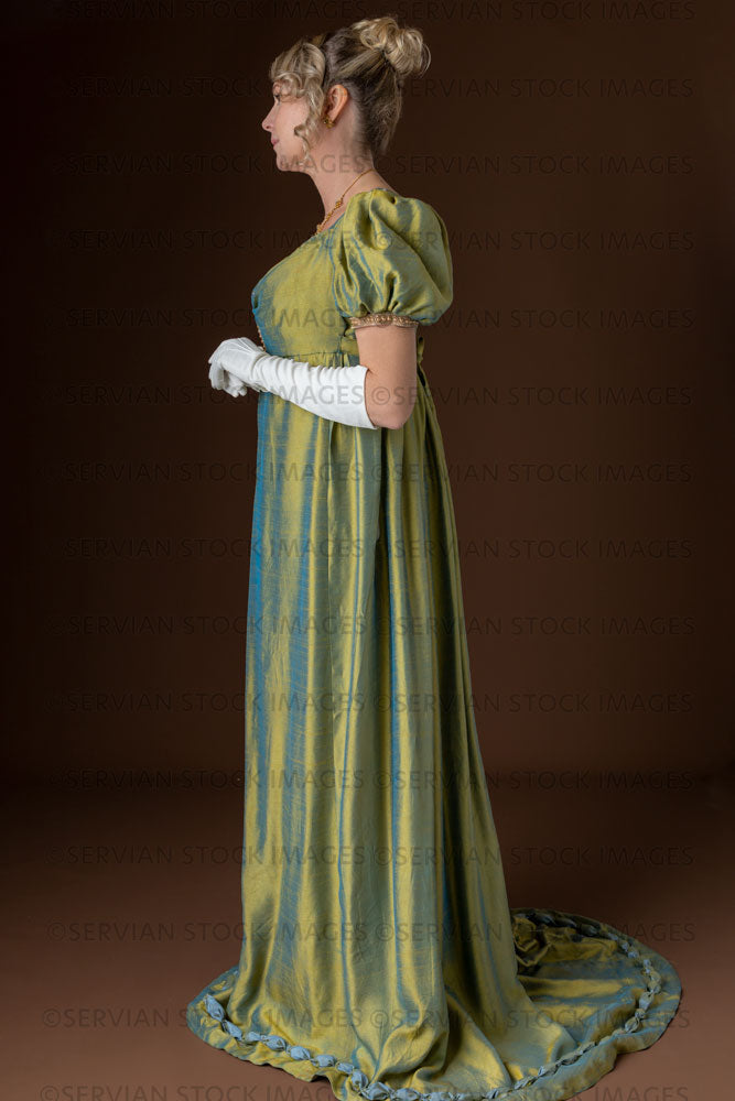 Regency woman wearing a green shot silk evening dress (Sherilyn 2617)