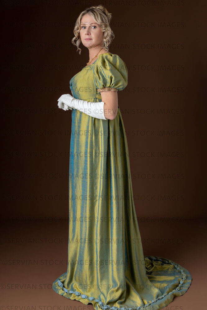 Regency woman wearing a green shot silk evening dress (Sherilyn 2618)